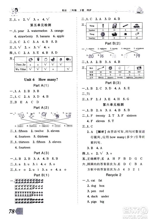 江西人民出版社2021王朝霞创维新课堂英语三年级下册PEP人教版答案