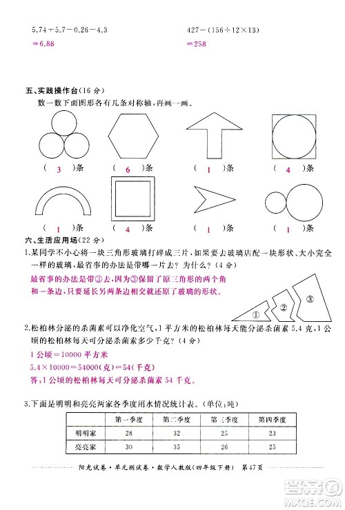 江西高校出版社2021阳光试卷单元测试卷数学四年级下册人教版答案