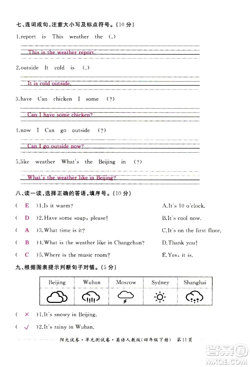 江西高校出版社2021阳光试卷单元测试卷英语四年级下册人教版答案