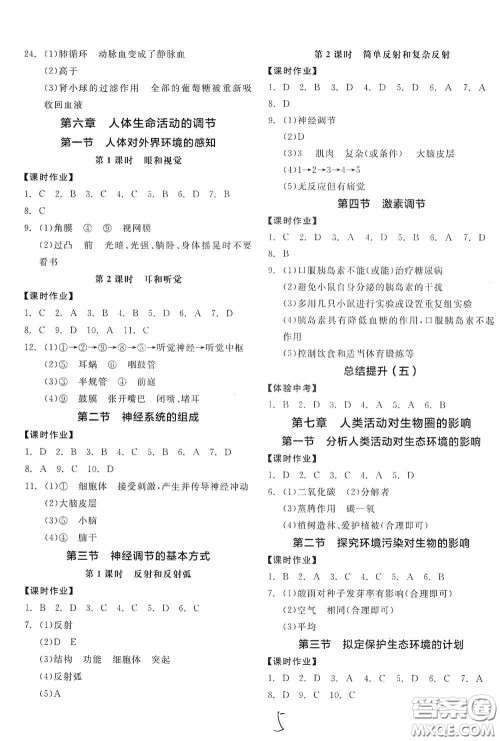 阳光出版社2021春全品学练考七年级生物学下册新课标人教版江西省专用答案