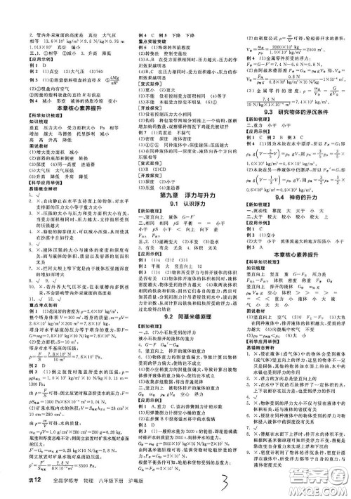 阳光出版社2021春全品学练考学习手册八年级物理下册新课标沪粤版江西省专用答案