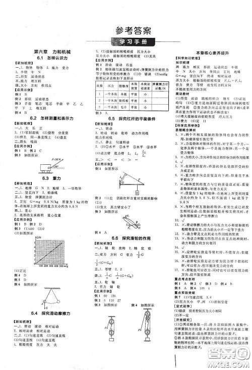 阳光出版社2021春全品学练考学习手册八年级物理下册新课标沪粤版江西省专用答案