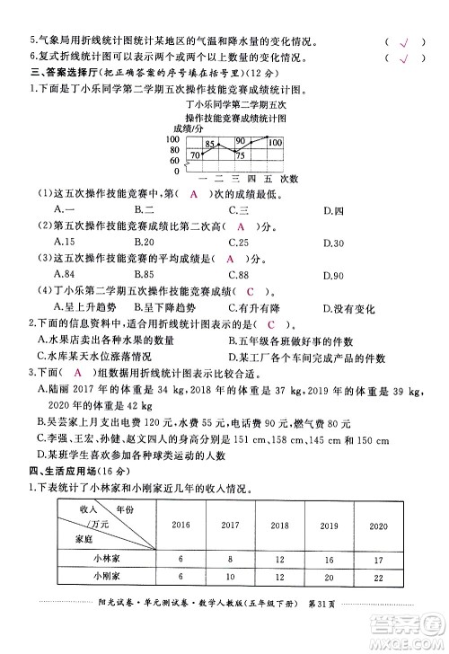 江西高校出版社2021阳光试卷单元测试卷数学五年级下册人教版答案