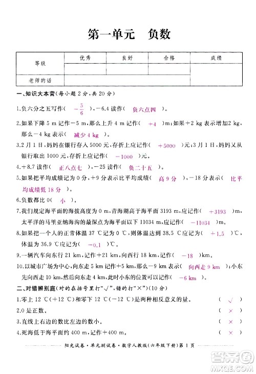 江西高校出版社2021阳光试卷单元测试卷数学六年级下册人教版答案 江西高校出版社2021阳光试卷单元测试卷数学六年级下册人教版答案