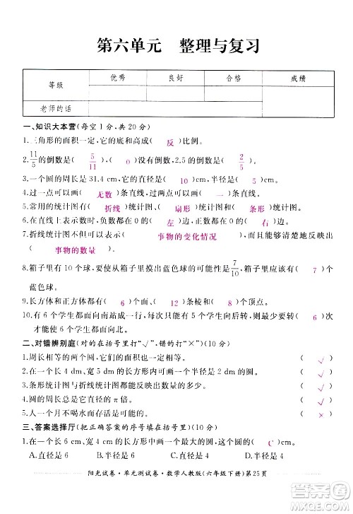 江西高校出版社2021阳光试卷单元测试卷数学六年级下册人教版答案 江西高校出版社2021阳光试卷单元测试卷数学六年级下册人教版答案