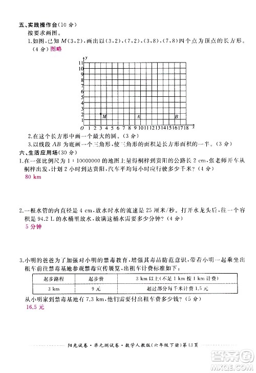 江西高校出版社2021阳光试卷单元测试卷数学六年级下册人教版答案 江西高校出版社2021阳光试卷单元测试卷数学六年级下册人教版答案