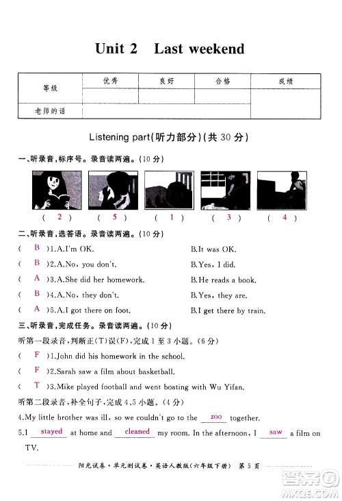 江西高校出版社2021阳光试卷单元测试卷英语六年级下册人教版答案