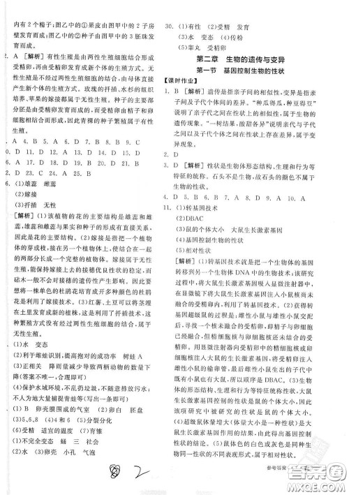 阳光出版社2021全品学练考八年级生物学下册新课标人教版江西省答案