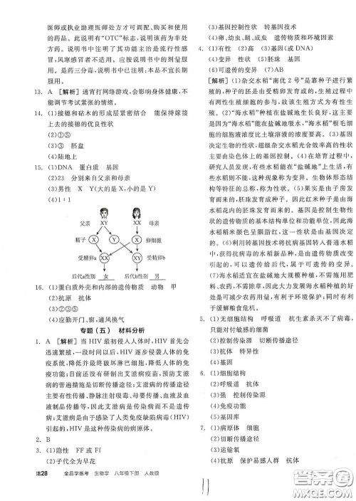 阳光出版社2021全品学练考八年级生物学下册新课标人教版江西省答案
