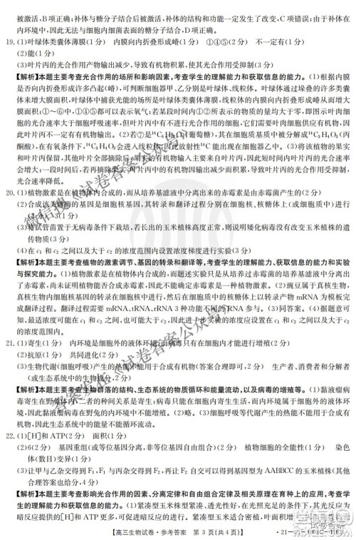 2021年河北辽宁新高考金太阳联考4008C高三生物答案 2021年河北辽宁新高考金太阳联考4008C高三生物答案