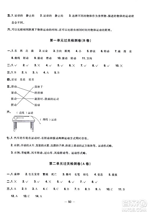 江西教育出版社2021阳光同学一线名师全优好卷科学三年级下册JK教科版答案