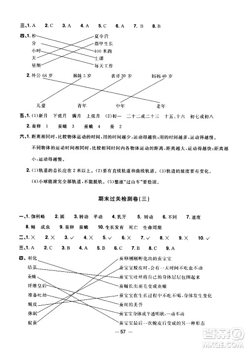 江西教育出版社2021阳光同学一线名师全优好卷科学三年级下册JK教科版答案