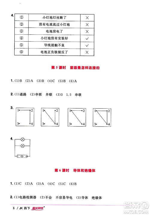江西教育出版社2021阳光同学课时优化作业科学四年级下册JK教科版答案