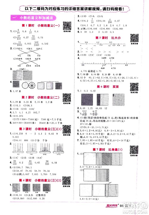 江西教育出版社2021阳光同学课时优化作业数学四年级下册BS北师大版答案