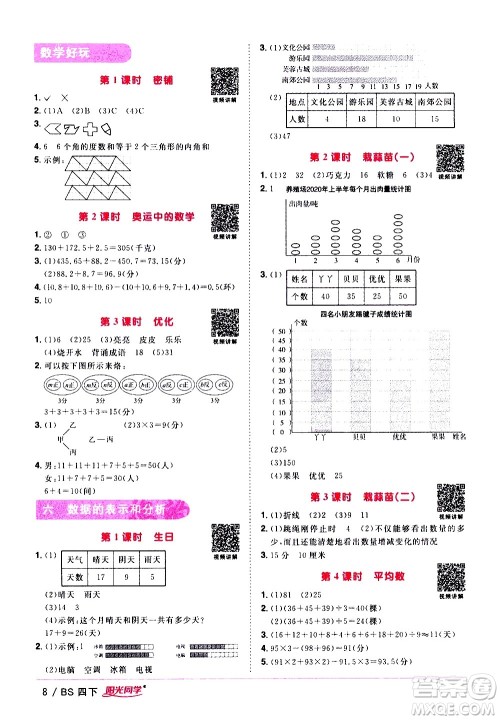 江西教育出版社2021阳光同学课时优化作业数学四年级下册BS北师大版答案