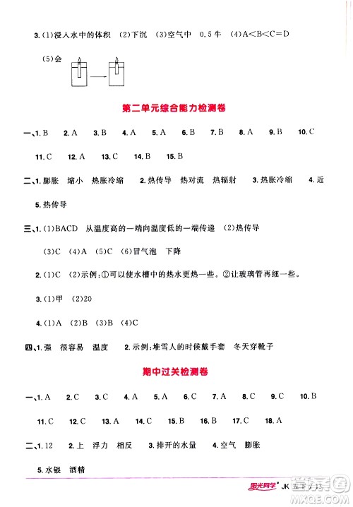 江西教育出版社2021阳光同学课时优化作业科学五年级下册JK教科版答案