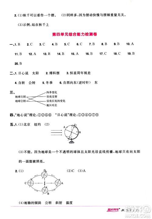 江西教育出版社2021阳光同学课时优化作业科学五年级下册JK教科版答案