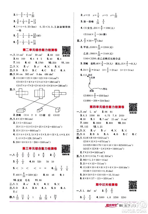 江西教育出版社2021阳光同学课时优化作业数学五年级下册BS北师大版答案
