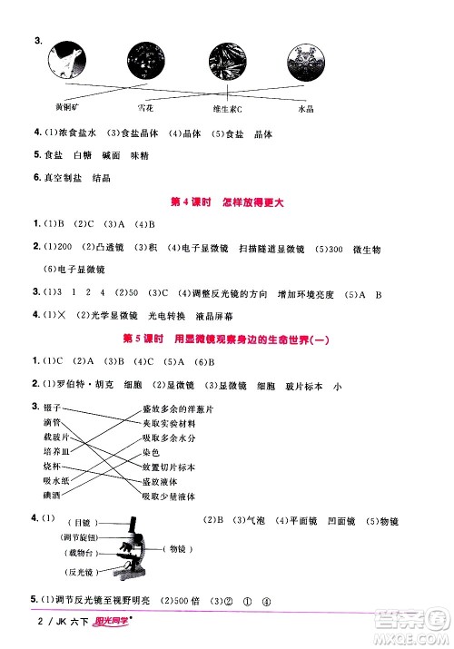 江西教育出版社2021阳光同学课时优化作业科学六年级下册JK教科版答案