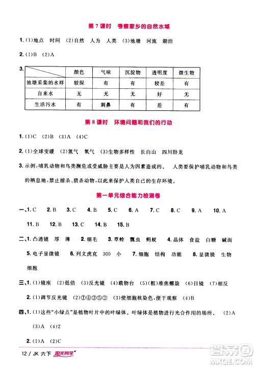 江西教育出版社2021阳光同学课时优化作业科学六年级下册JK教科版答案