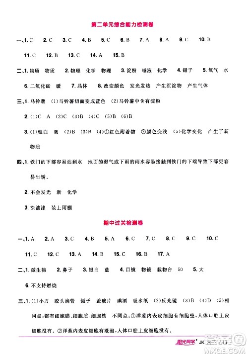 江西教育出版社2021阳光同学课时优化作业科学六年级下册JK教科版答案 江西教育出版社2021阳光同学课时优化作业科学六年级下册JK教科版答案