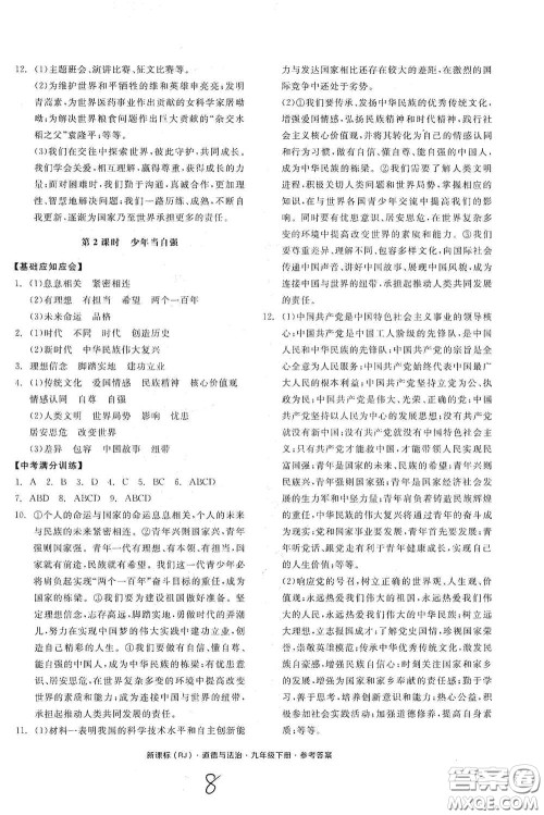 阳光出版社2021全品学练考九年级道德与法治下册新课标人教版江西专版答案