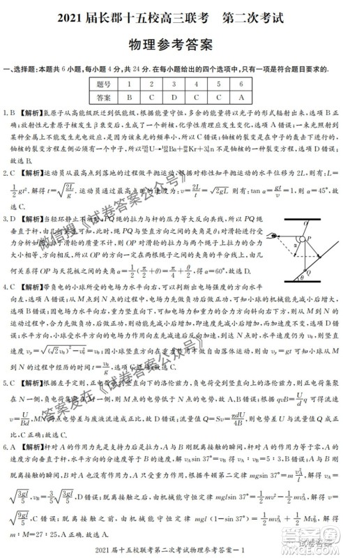 2021届长郡十五校高三联考第二次考试物理试卷及答案 2021届长郡十五校高三联考第二次考试物理试卷及答案