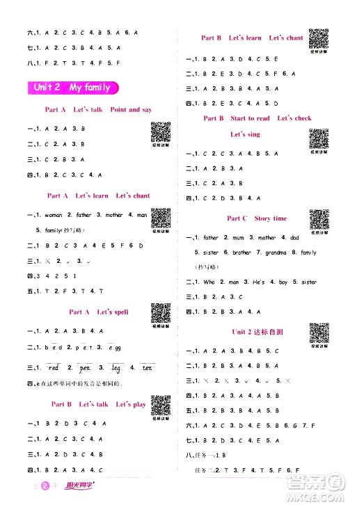 浙江教育出版社2021阳光同学课时达标训练英语三年级下册PEP人教版浙江专版答案