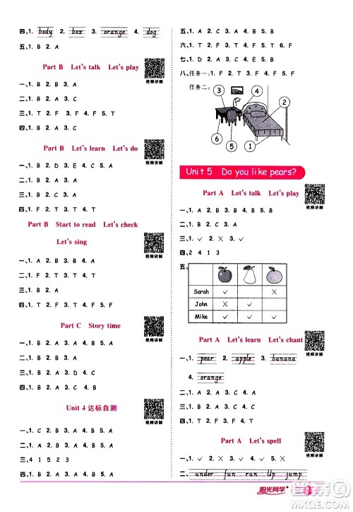 浙江教育出版社2021阳光同学课时达标训练英语三年级下册PEP人教版浙江专版答案