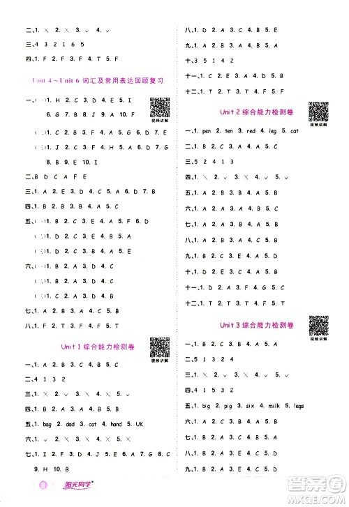 浙江教育出版社2021阳光同学课时达标训练英语三年级下册PEP人教版浙江专版答案