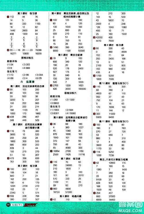 江西教育出版社2021阳光同学计算小达人数学四年级下册SJ苏教版答案