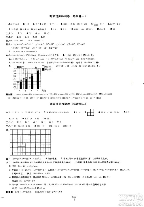 浙江教育出版社2021阳光同学全优达标好卷数学四年级下册R人教版浙江专版答案