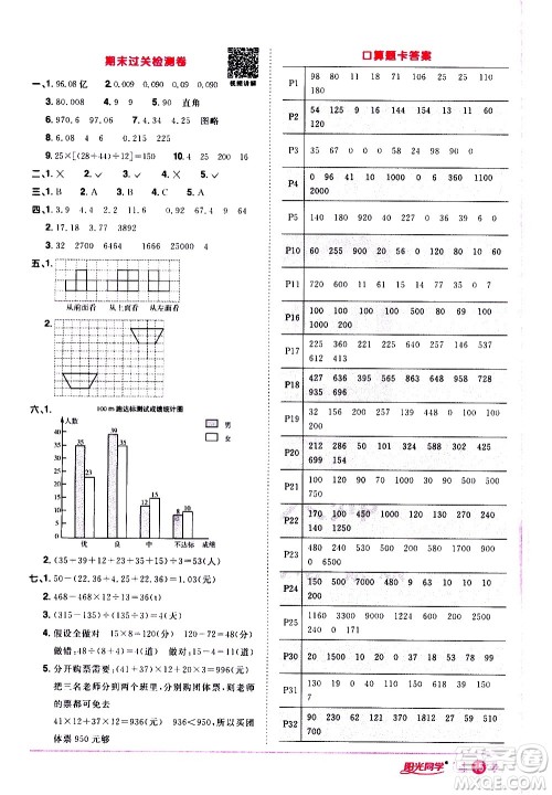 浙江教育出版社2021阳光同学课时达标训练数学四年级下册R人教版浙江专版答案