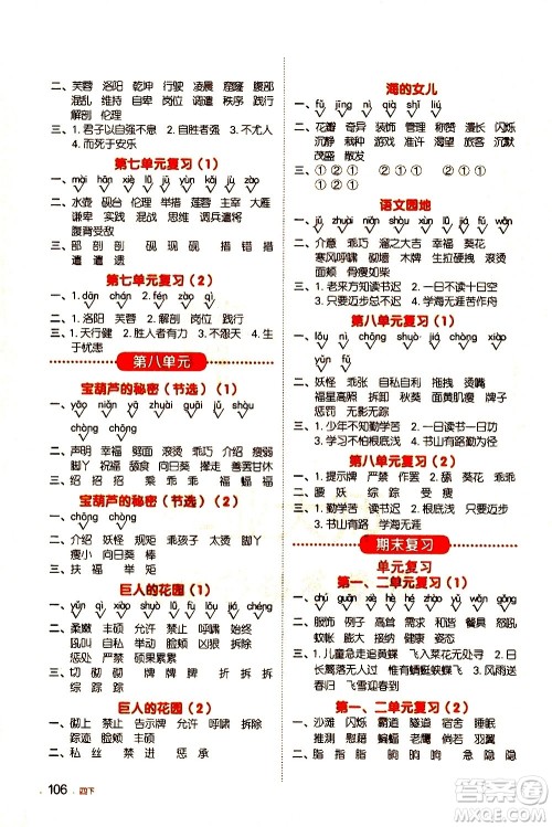 江西教育出版社2021阳光同学默写小达人语文四年级下册人教版答案