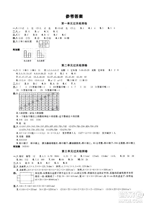 浙江教育出版社2021阳光同学全优达标好卷数学五年级下册R人教版浙江专版答案