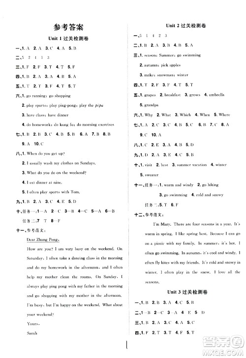 浙江教育出版社2021阳光同学全优达标好卷英语五年级下册PEP人教版浙江专版答案