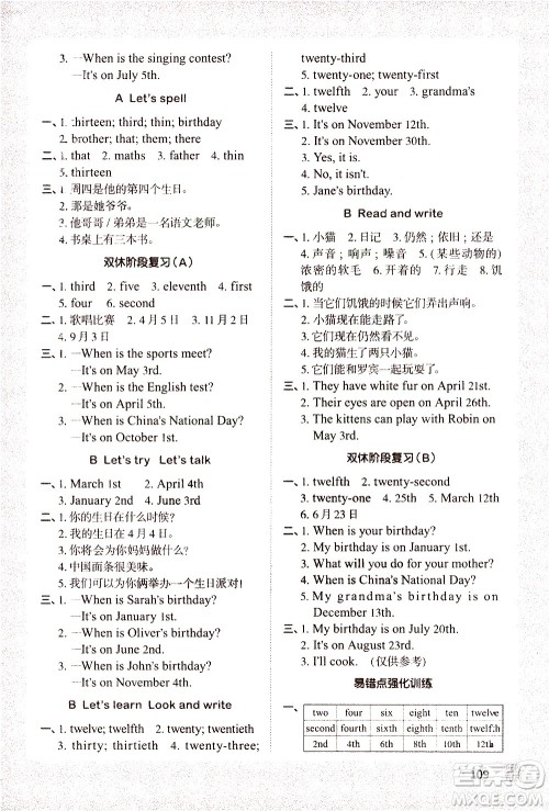 江西教育出版社2021阳光同学默写小达人英语五年级下册PEP人教版答案