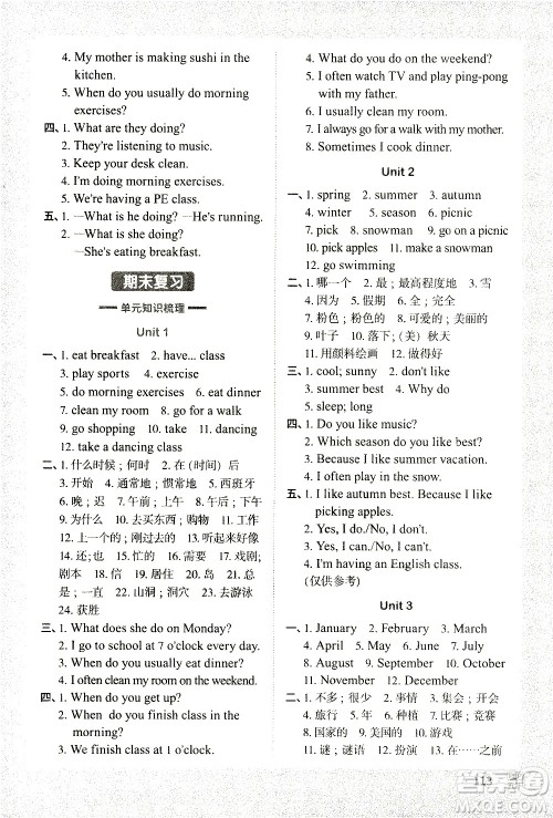 江西教育出版社2021阳光同学默写小达人英语五年级下册PEP人教版答案