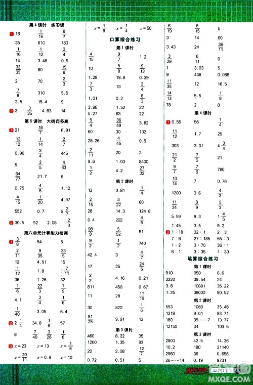 江西教育出版社2021阳光同学计算小达人数学六年级下册SJ苏教版答案