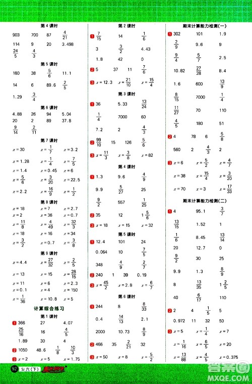 江西教育出版社2021阳光同学计算小达人数学六年级下册SJ苏教版答案