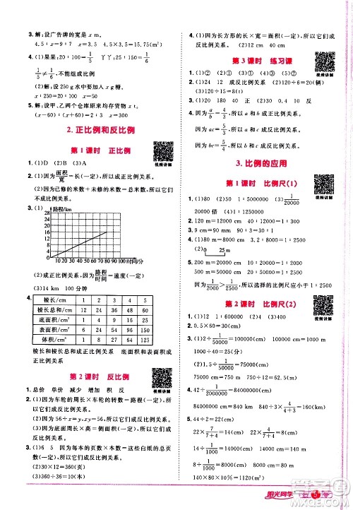 浙江教育出版社2021阳光同学课时达标训练数学六年级下册R人教版浙江专版答案