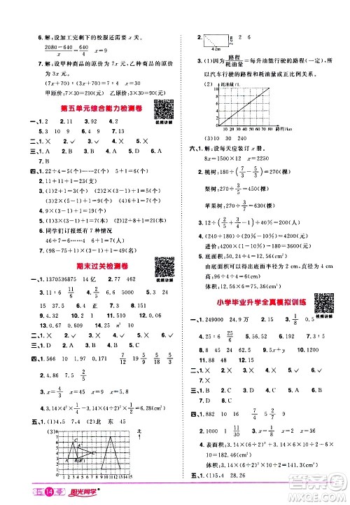 浙江教育出版社2021阳光同学课时达标训练数学六年级下册R人教版浙江专版答案