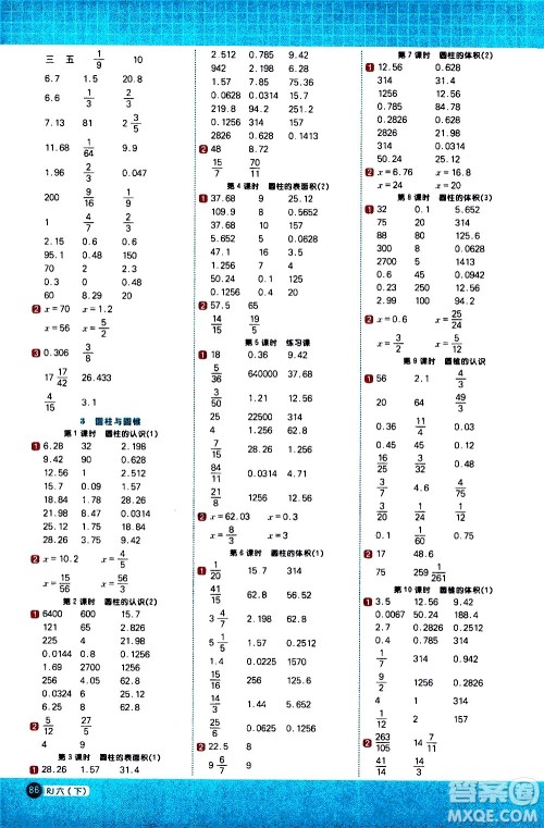 江西教育出版社2021阳光同学计算小达人数学六年级下册RJ人教版答案