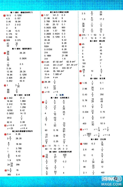 江西教育出版社2021阳光同学计算小达人数学六年级下册RJ人教版答案