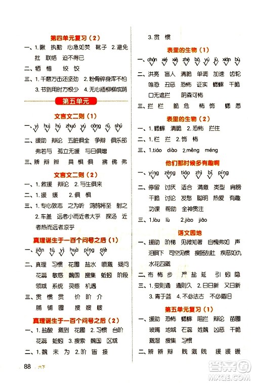 江西教育出版社2021阳光同学默写小达人语文六年级下册人教版答案