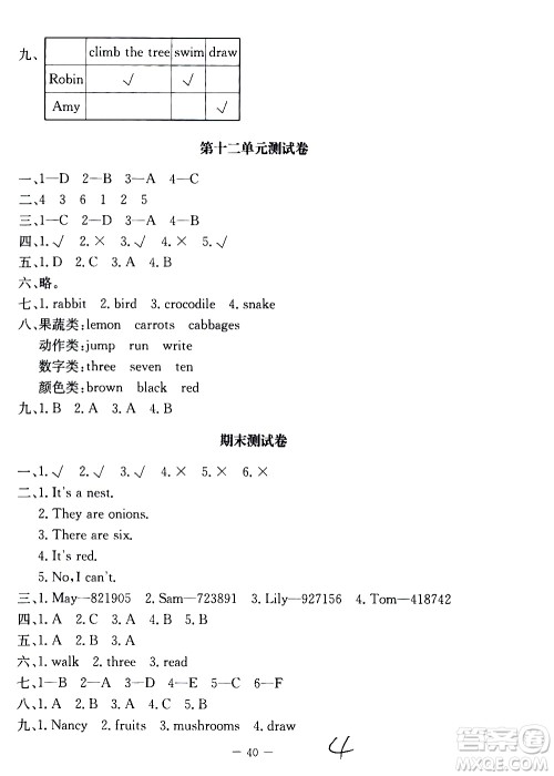 北京师范大学出版社2021课堂精练英语三年级起点三年级下册北师大版答案