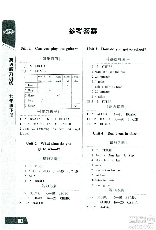 崇文书局2021长江全能学案英语听力训练七年级下册人教版答案