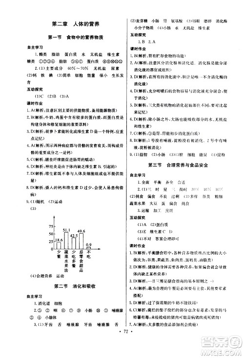 崇文书局2021长江全能学案同步练习册生物学七年级下册人教版答案