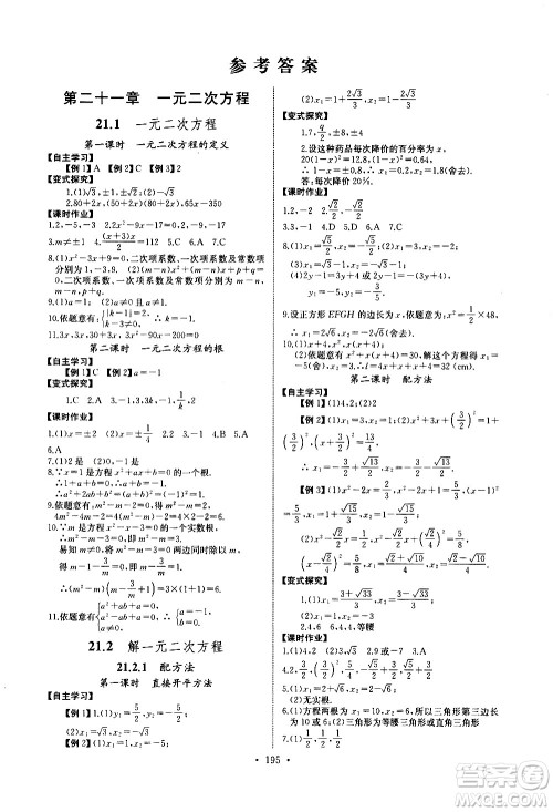 湖北少年儿童出版社2021长江全能学案同步练习册数学九年级全一册人教版答案