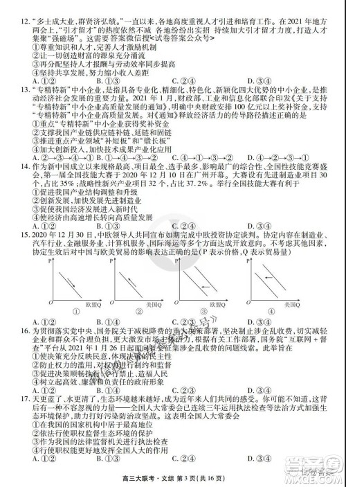 2021届高三冲刺联考文综试卷及答案